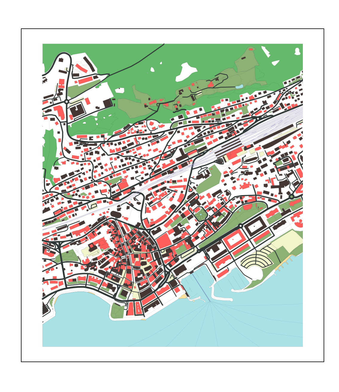 A slice of Lausanne showing a ferry port on the lake a large train station