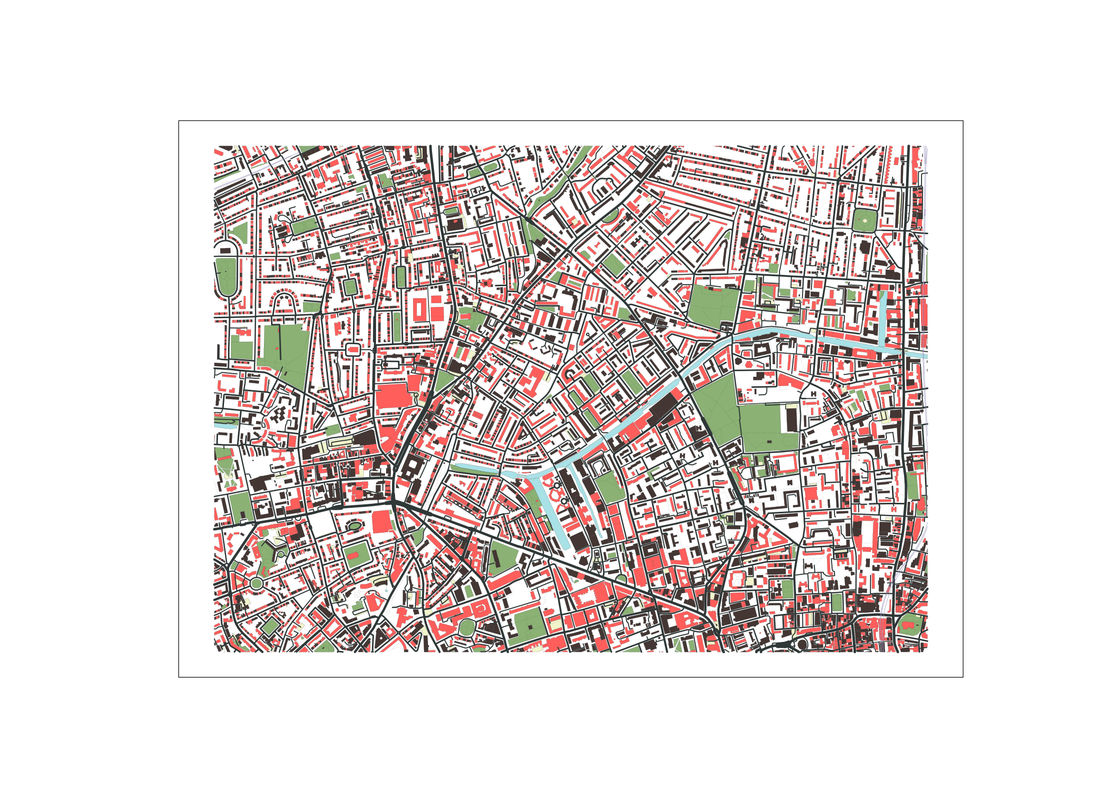A map of London featuring part of Regent's canal and and railway tracks